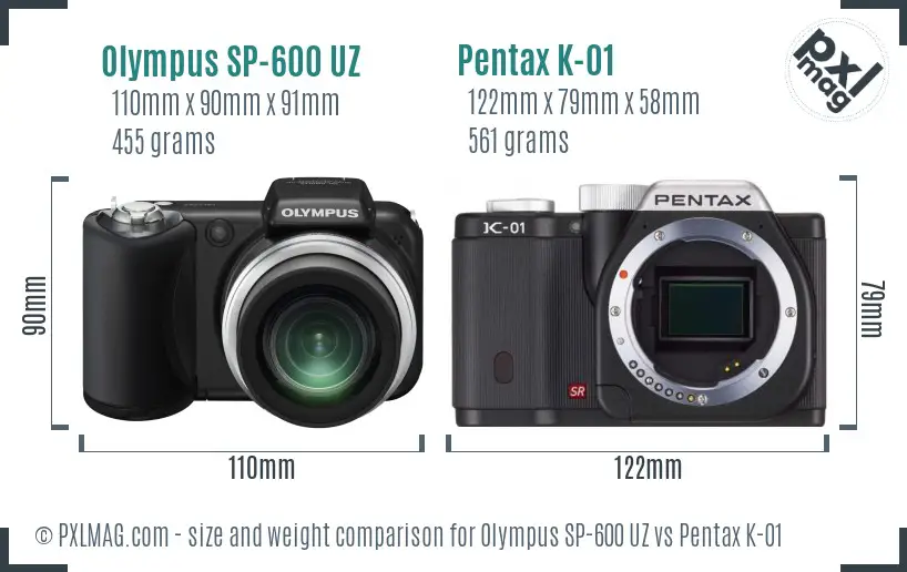 Olympus SP-600 UZ vs Pentax K-01 size comparison