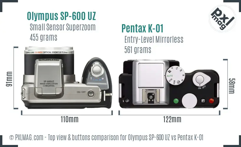 Olympus SP-600 UZ vs Pentax K-01 top view buttons comparison