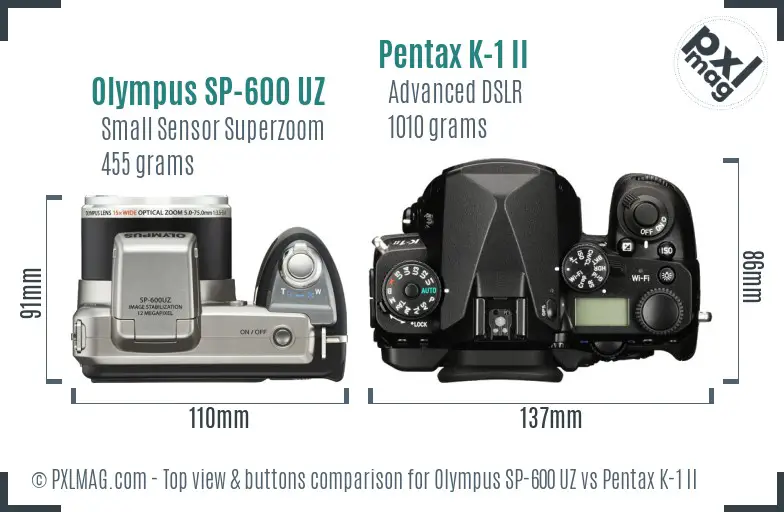 Olympus SP-600 UZ vs Pentax K-1 II top view buttons comparison