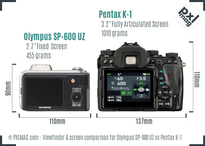 Olympus SP-600 UZ vs Pentax K-1 Screen and Viewfinder comparison