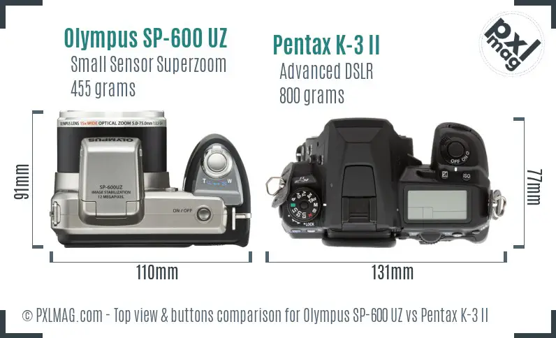 Olympus SP-600 UZ vs Pentax K-3 II top view buttons comparison