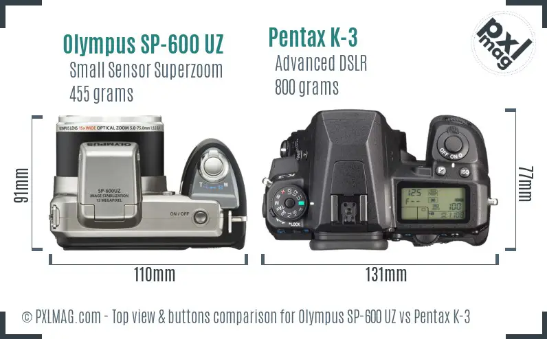 Olympus SP-600 UZ vs Pentax K-3 top view buttons comparison
