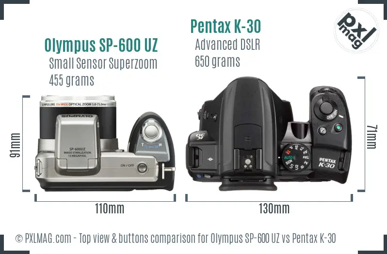 Olympus SP-600 UZ vs Pentax K-30 top view buttons comparison