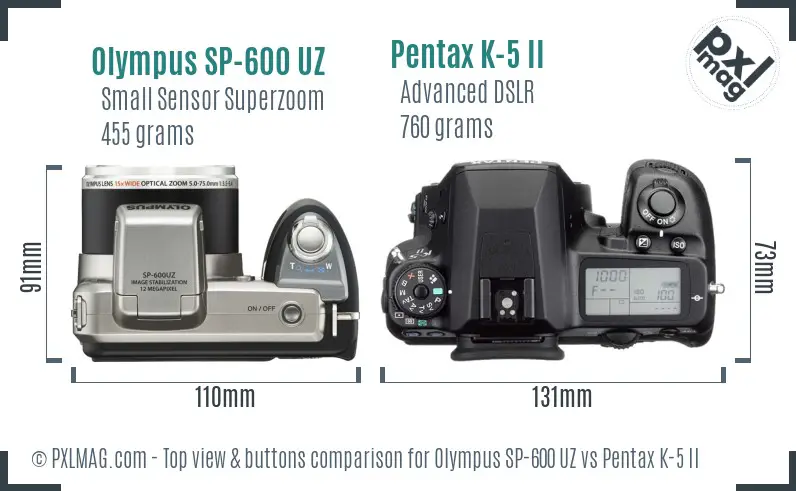 Olympus SP-600 UZ vs Pentax K-5 II top view buttons comparison