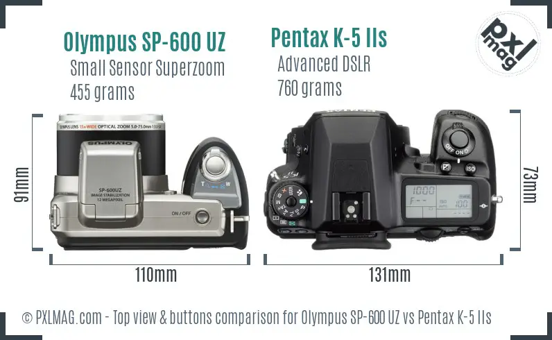 Olympus SP-600 UZ vs Pentax K-5 IIs top view buttons comparison