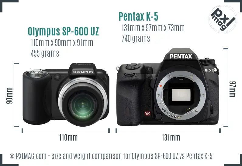 Olympus SP-600 UZ vs Pentax K-5 size comparison