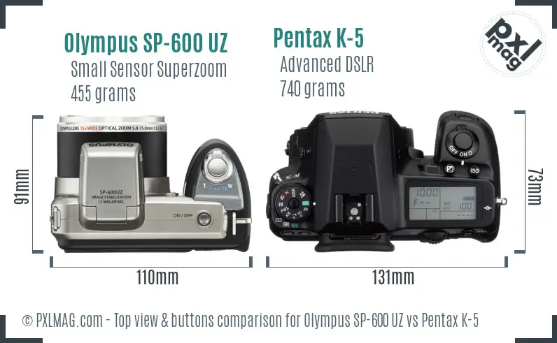 Olympus SP-600 UZ vs Pentax K-5 top view buttons comparison