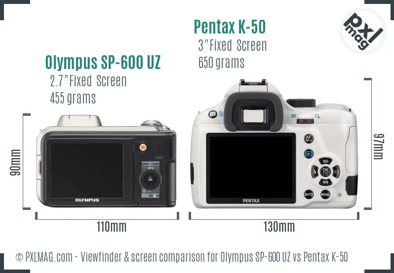 Olympus SP-600 UZ vs Pentax K-50 Screen and Viewfinder comparison