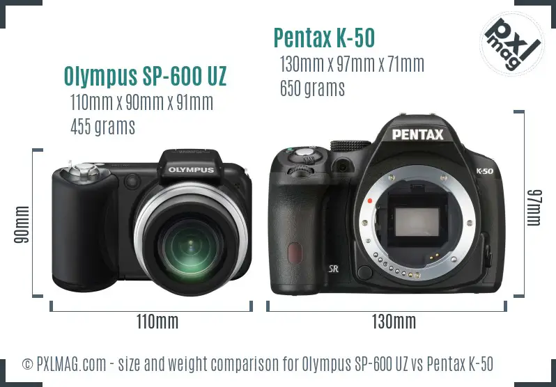 Olympus SP-600 UZ vs Pentax K-50 size comparison