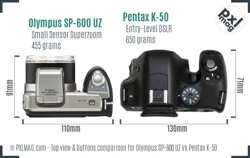 Olympus SP-600 UZ vs Pentax K-50 top view buttons comparison