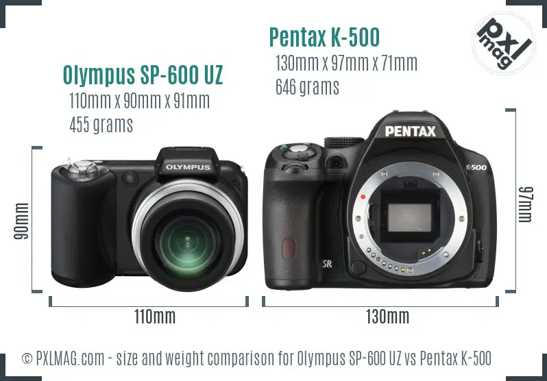 Olympus SP-600 UZ vs Pentax K-500 size comparison