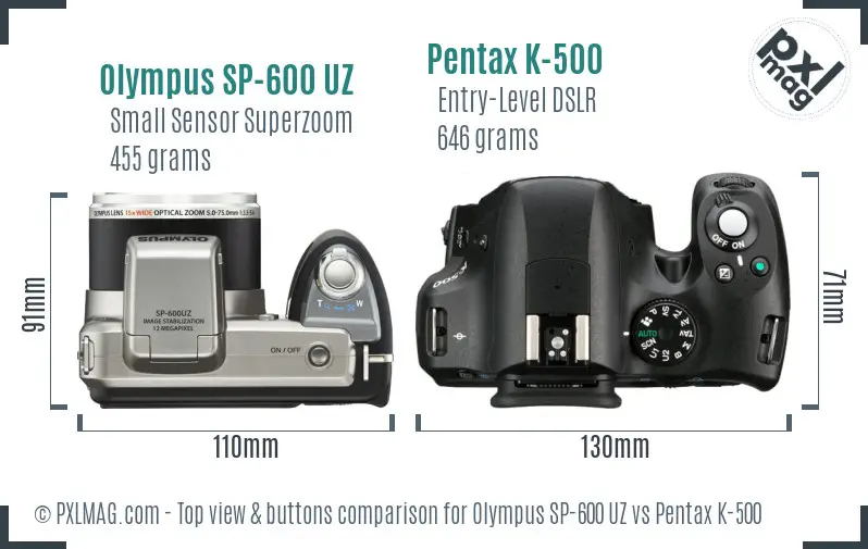 Olympus SP-600 UZ vs Pentax K-500 top view buttons comparison