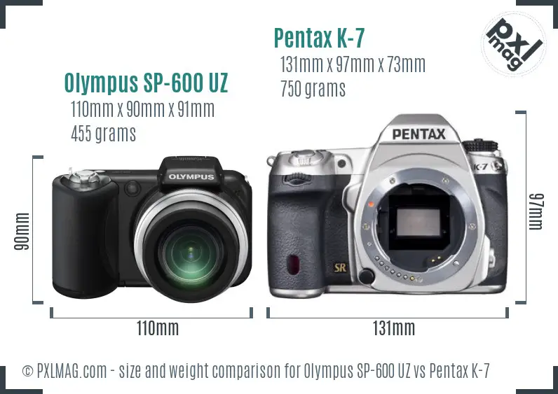 Olympus SP-600 UZ vs Pentax K-7 size comparison