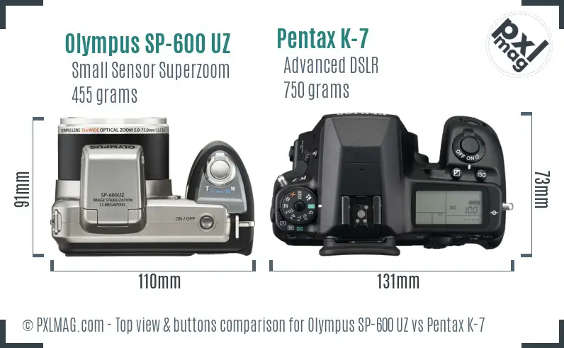 Olympus SP-600 UZ vs Pentax K-7 top view buttons comparison