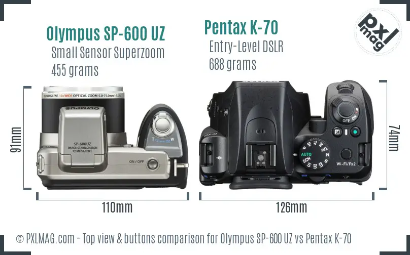 Olympus SP-600 UZ vs Pentax K-70 top view buttons comparison