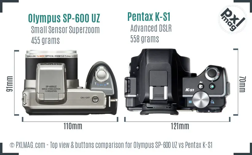Olympus SP-600 UZ vs Pentax K-S1 top view buttons comparison