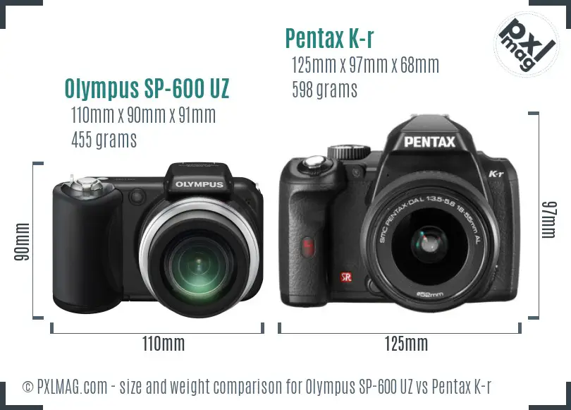Olympus SP-600 UZ vs Pentax K-r size comparison