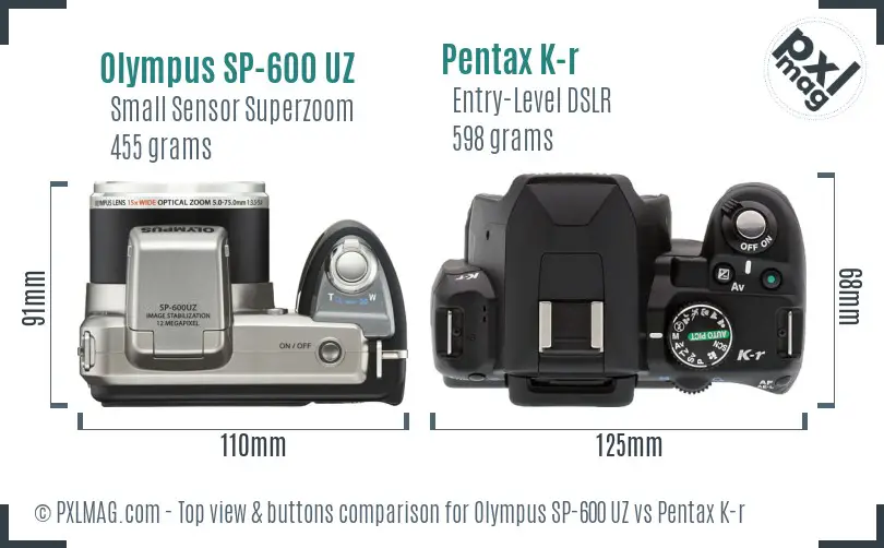 Olympus SP-600 UZ vs Pentax K-r top view buttons comparison