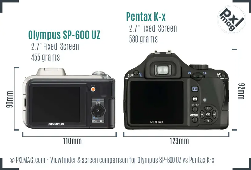 Olympus SP-600 UZ vs Pentax K-x Screen and Viewfinder comparison