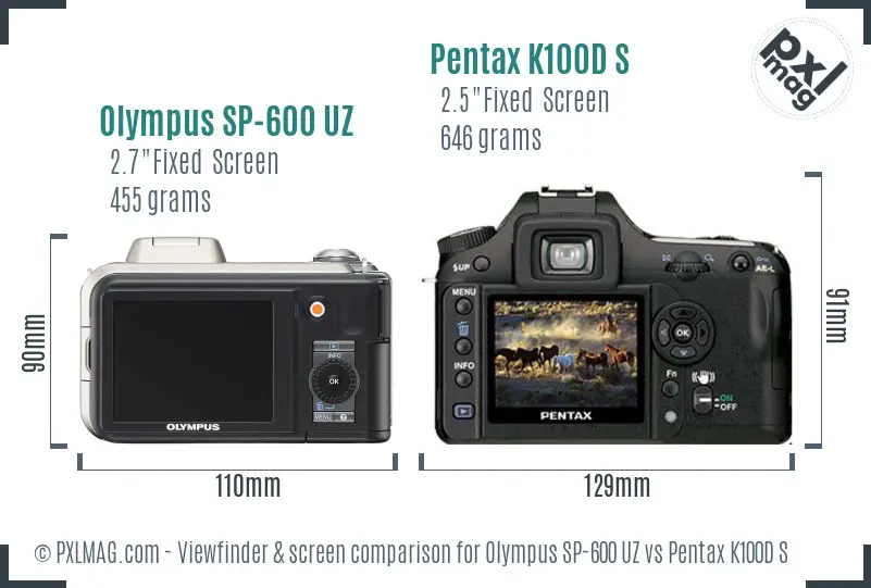 Olympus SP-600 UZ vs Pentax K100D S Screen and Viewfinder comparison