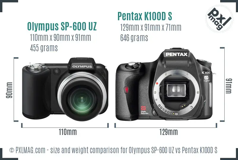 Olympus SP-600 UZ vs Pentax K100D S size comparison