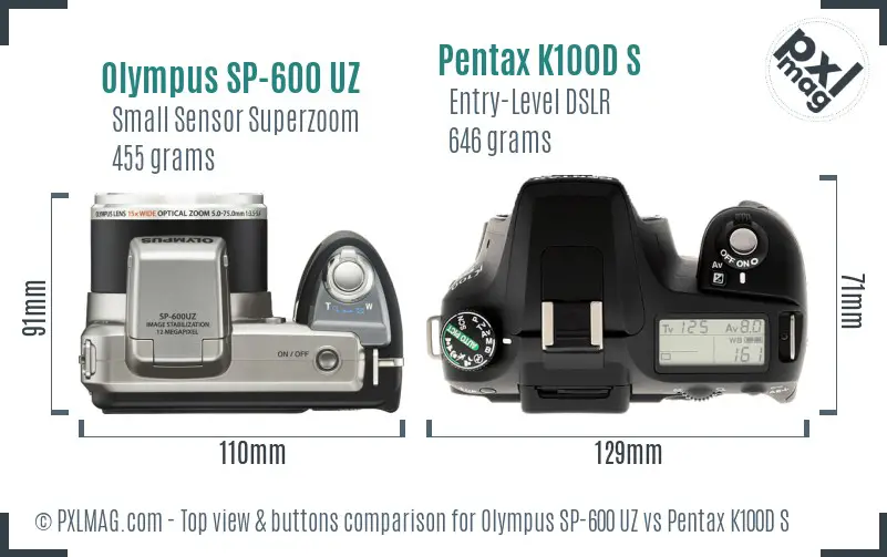 Olympus SP-600 UZ vs Pentax K100D S top view buttons comparison