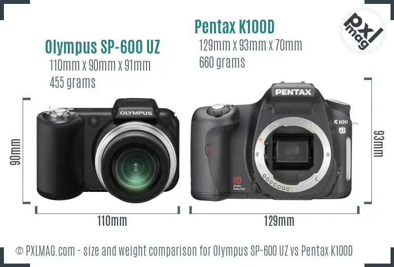 Olympus SP-600 UZ vs Pentax K100D size comparison