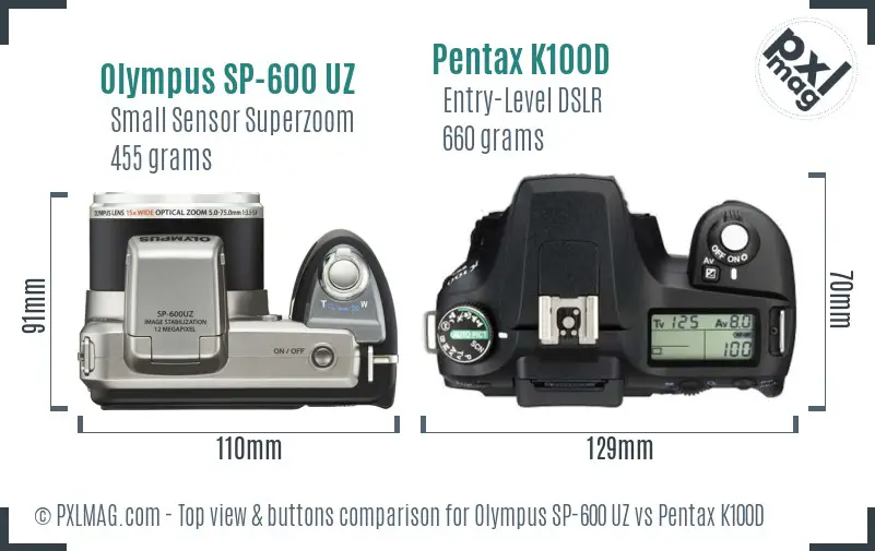 Olympus SP-600 UZ vs Pentax K100D top view buttons comparison