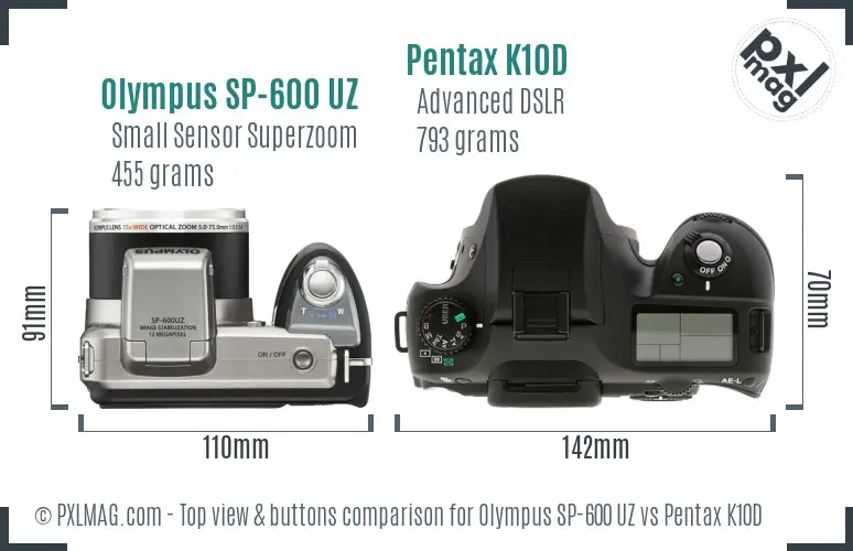 Olympus SP-600 UZ vs Pentax K10D top view buttons comparison