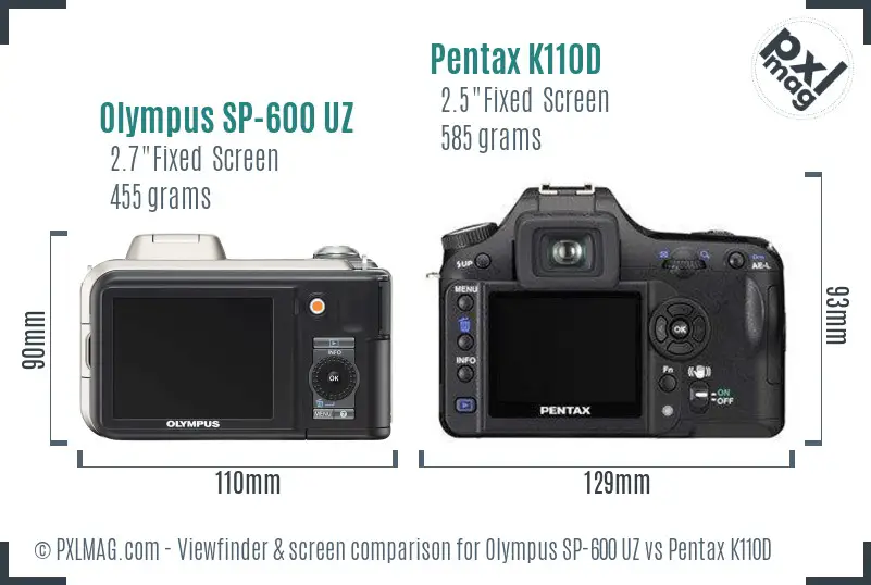 Olympus SP-600 UZ vs Pentax K110D Screen and Viewfinder comparison