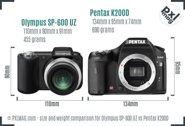 Olympus SP-600 UZ vs Pentax K200D size comparison