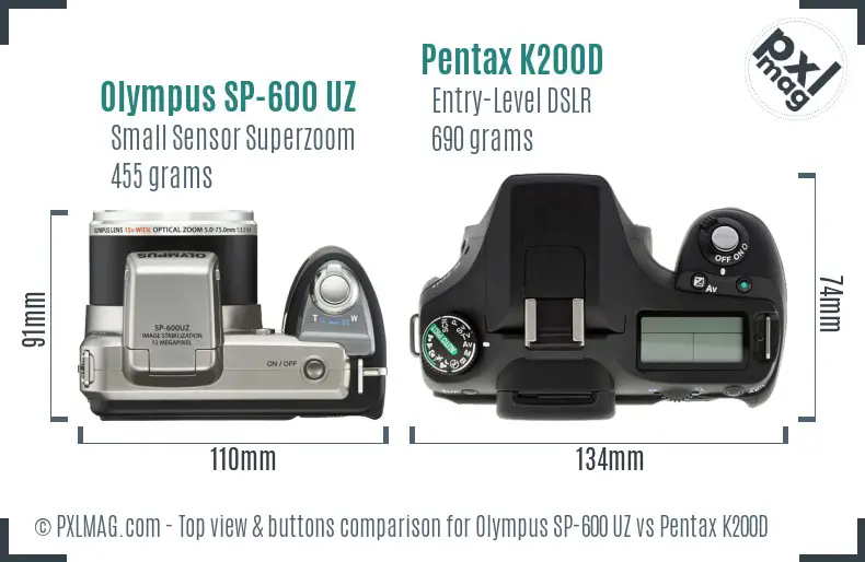 Olympus SP-600 UZ vs Pentax K200D top view buttons comparison