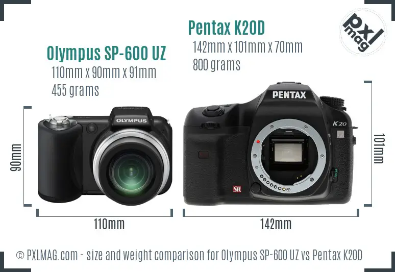Olympus SP-600 UZ vs Pentax K20D size comparison