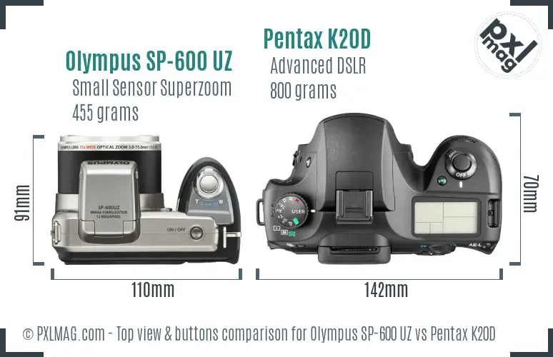 Olympus SP-600 UZ vs Pentax K20D top view buttons comparison