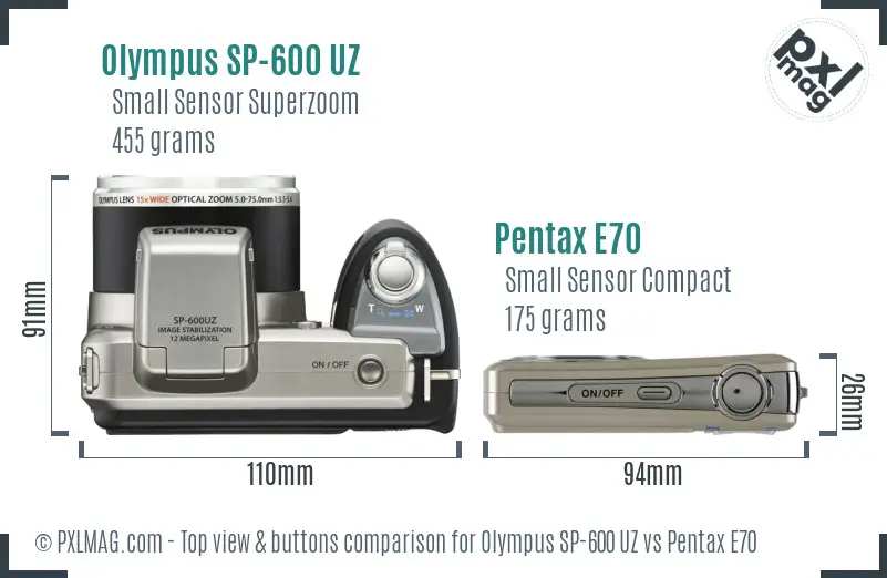 Olympus SP-600 UZ vs Pentax E70 top view buttons comparison
