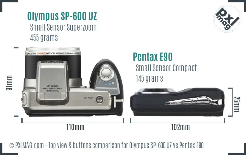 Olympus SP-600 UZ vs Pentax E90 top view buttons comparison