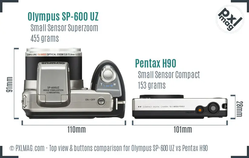Olympus SP-600 UZ vs Pentax H90 top view buttons comparison