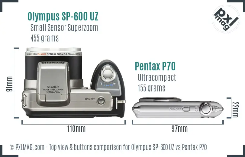 Olympus SP-600 UZ vs Pentax P70 top view buttons comparison