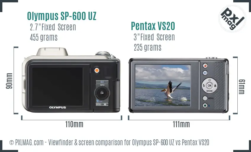Olympus SP-600 UZ vs Pentax VS20 Screen and Viewfinder comparison