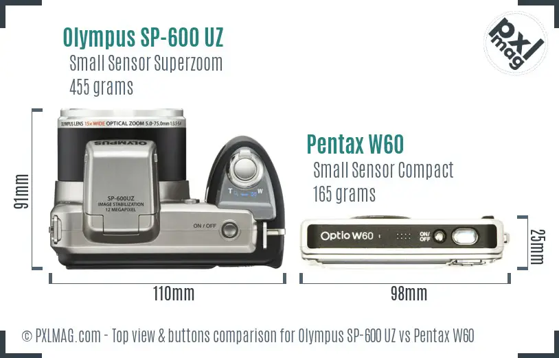 Olympus SP-600 UZ vs Pentax W60 top view buttons comparison