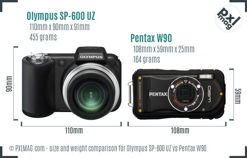 Olympus SP-600 UZ vs Pentax W90 size comparison
