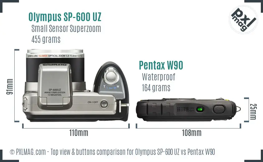 Olympus SP-600 UZ vs Pentax W90 top view buttons comparison