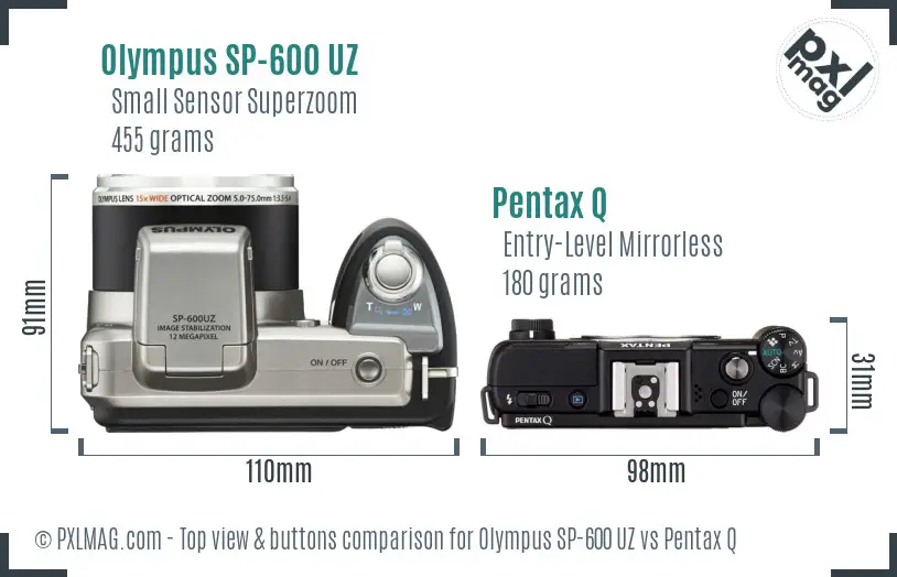 Olympus SP-600 UZ vs Pentax Q top view buttons comparison