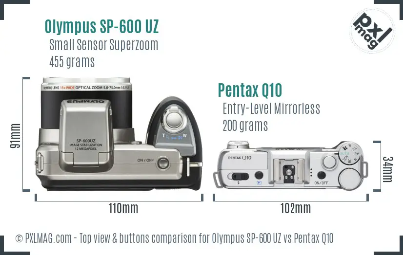 Olympus SP-600 UZ vs Pentax Q10 top view buttons comparison