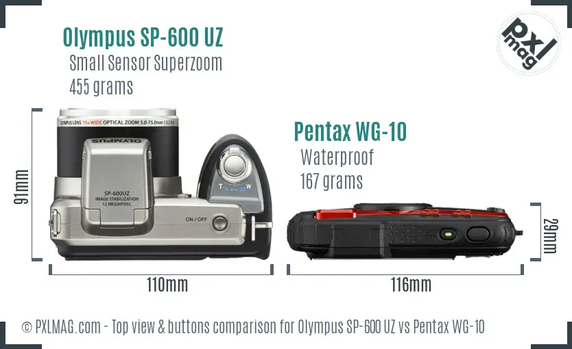 Olympus SP-600 UZ vs Pentax WG-10 top view buttons comparison