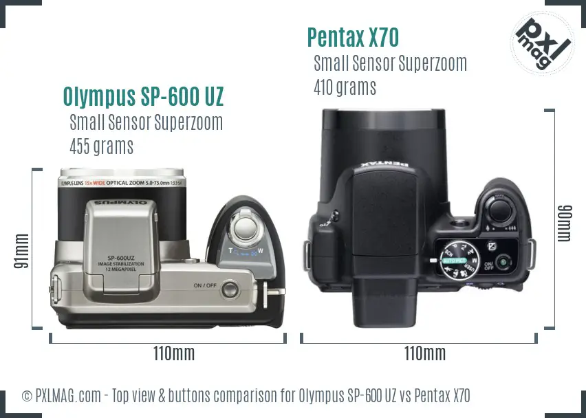 Olympus SP-600 UZ vs Pentax X70 top view buttons comparison