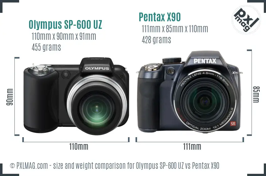 Olympus SP-600 UZ vs Pentax X90 size comparison