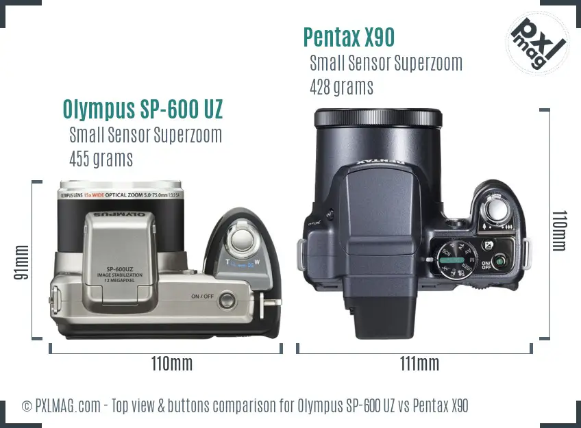 Olympus SP-600 UZ vs Pentax X90 top view buttons comparison