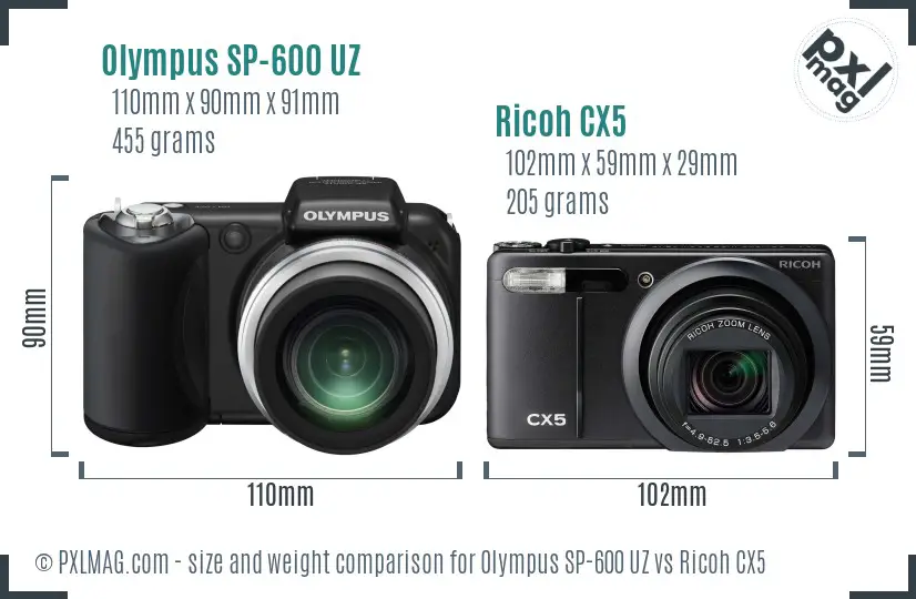 Olympus SP-600 UZ vs Ricoh CX5 size comparison