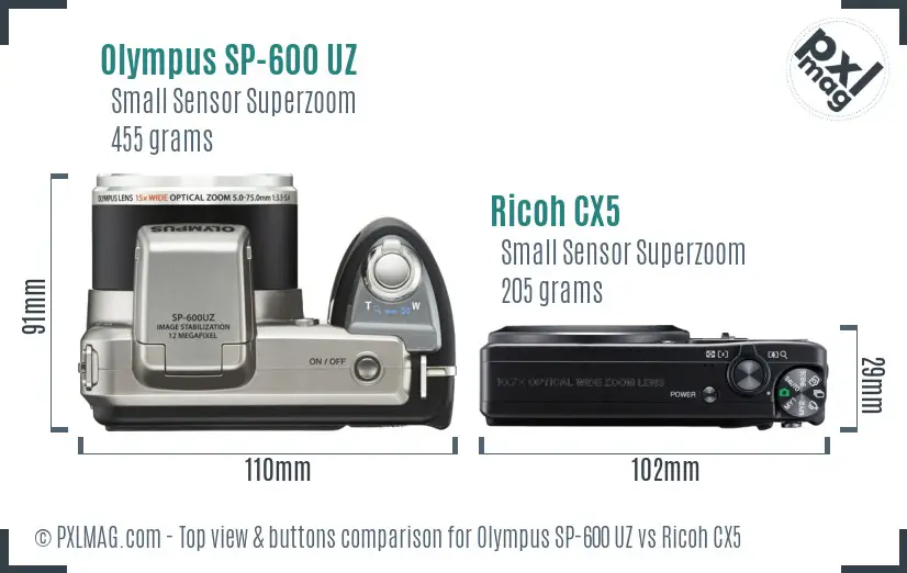 Olympus SP-600 UZ vs Ricoh CX5 top view buttons comparison